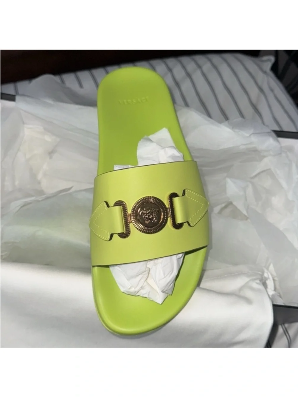 Versace Neon Lime Slide Sandals with Gold Medusa Accents